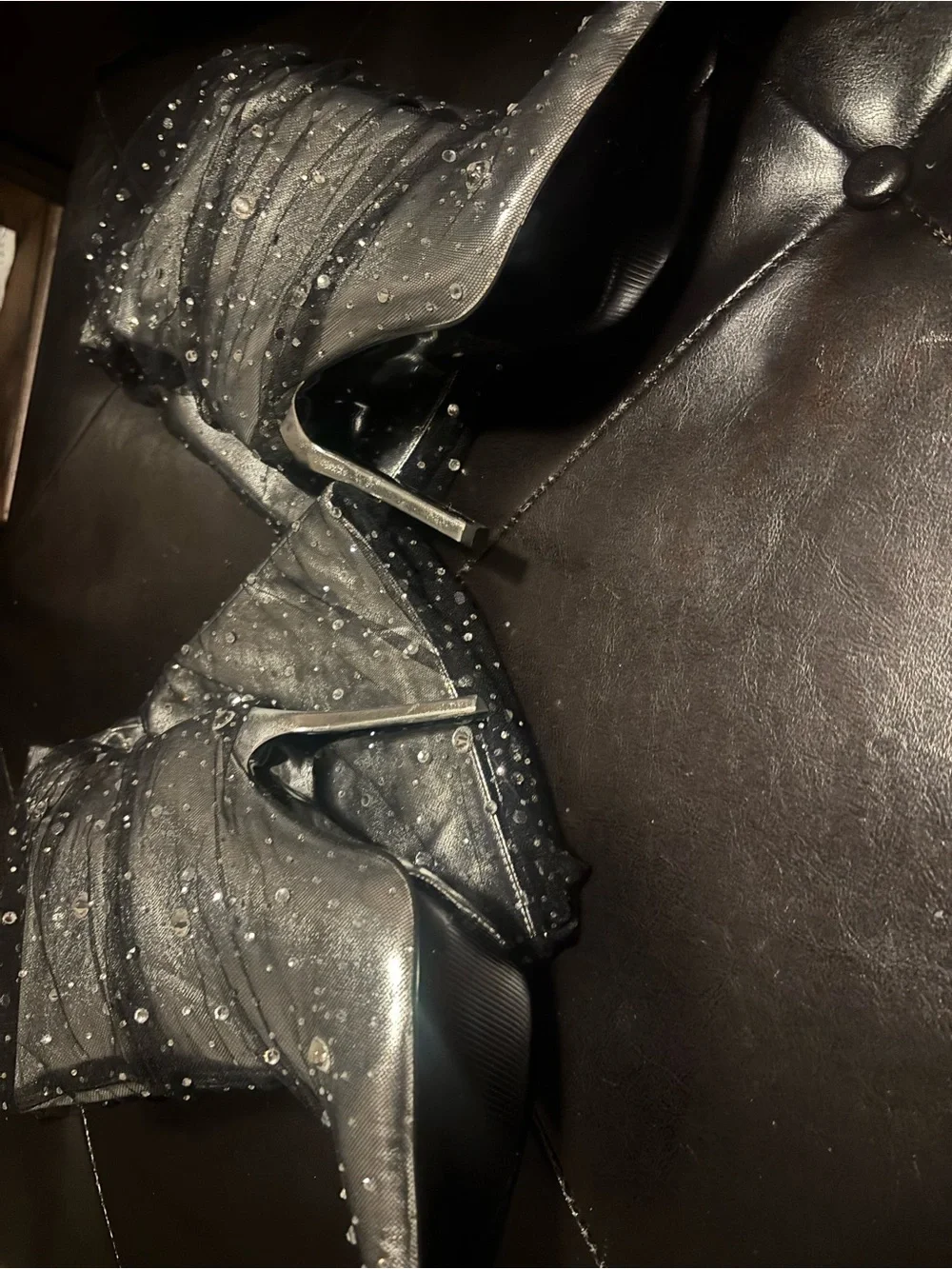 Stiletto Knee-High Boots in Grey with Embellished Crystals and mesh overlay